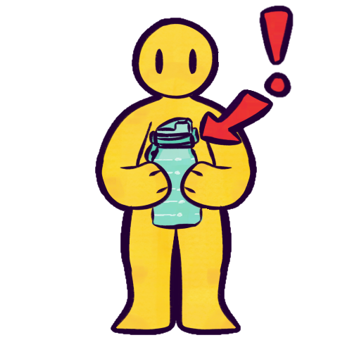 A drawing of a simplified yellow human holding a reusable plastic water bottle with two hands. To the person’s right is a red exclamation point. A red arrow goes from it and points at the bottle the person is holding. The person is standing upright and has no facial features other than oblong dot eyes that don’t bear any particular expression. They are bald and don’t wear any clothing. Their hands are more akin to paws.